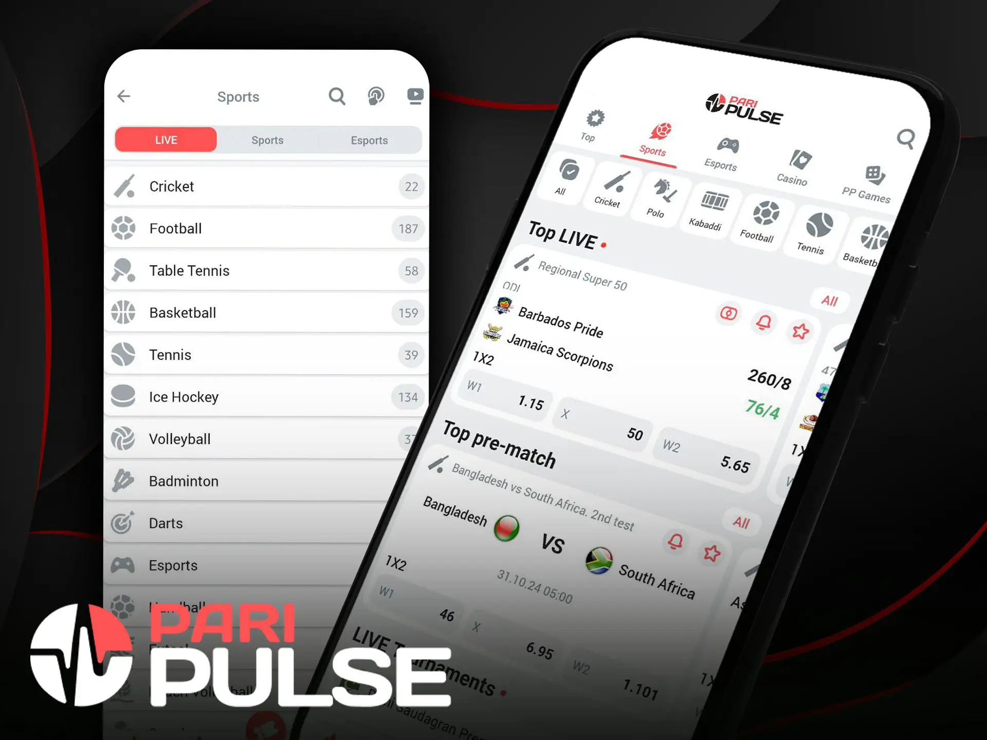 Place bets on your favorite sports teams on the PariPulse app.