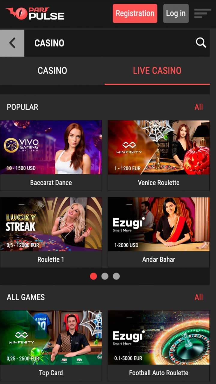 Play with live dealers at PariPulse Live Casino.