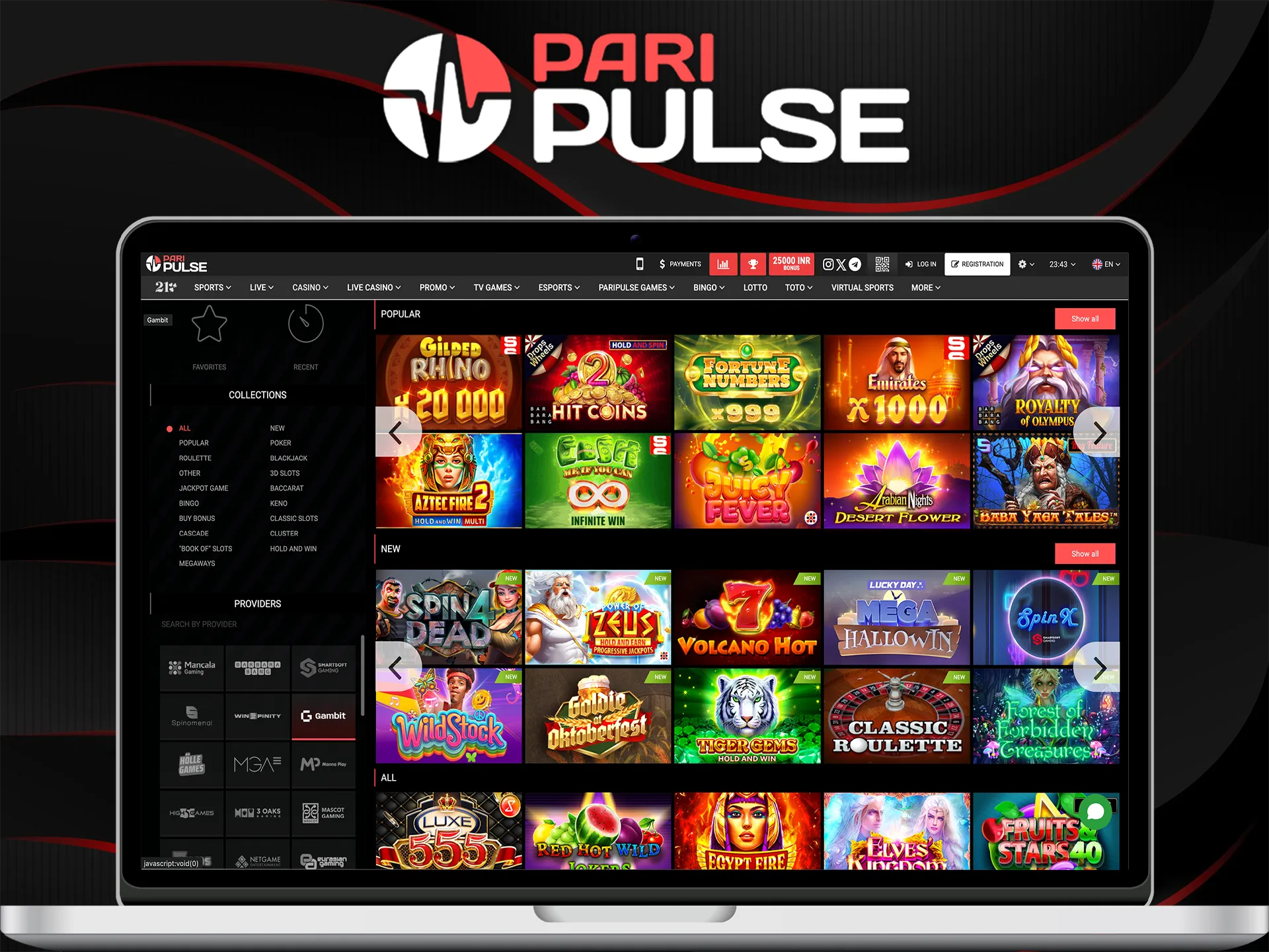 Find your favorite games in the PariPulse casino section.