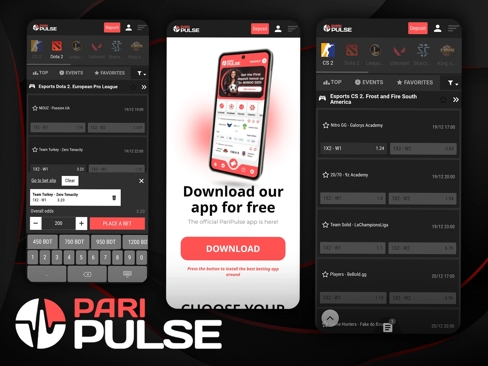 You can bet on eSports events via the PariPulse mobile app.