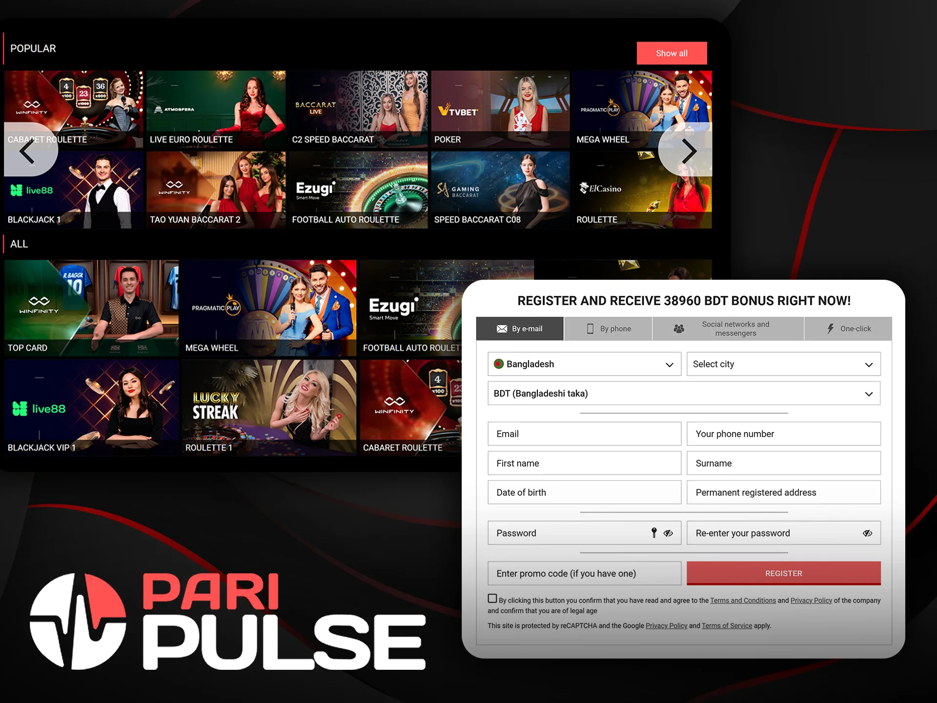 Register, deposit and discover the world of PariPulse live casino.