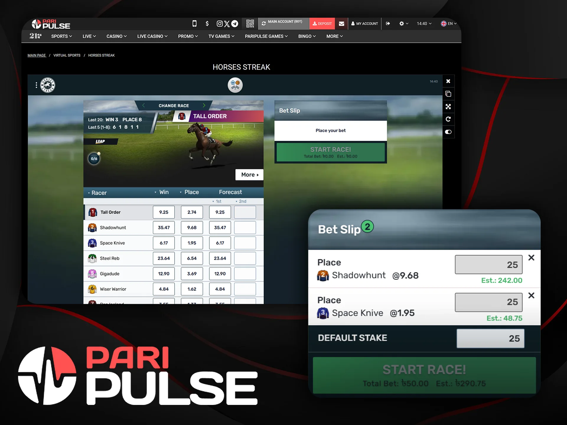 Choose your bet size and push your luck at PariPulse.