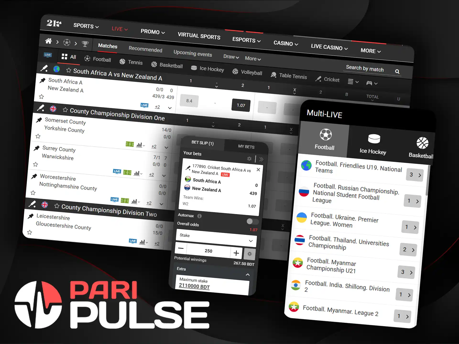 Live betting on the official PariPulse platform is available on a wide range of sports.