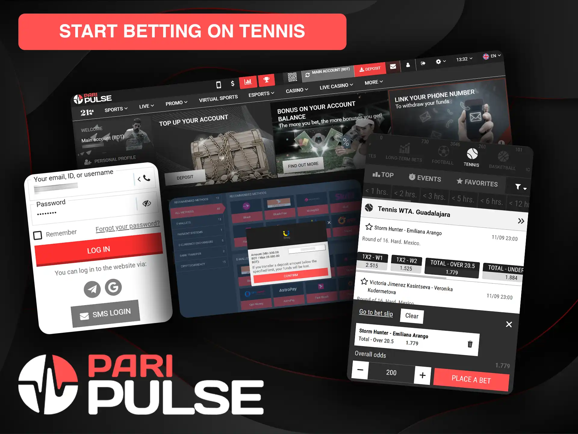 Log in to tennis betting at the official PariPulse website in Bangladesh.