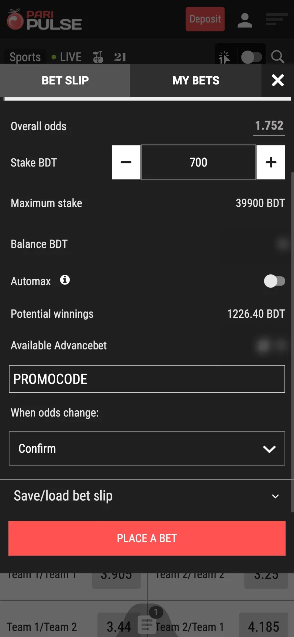Enter your stake at PariPulse and confirm your bet.