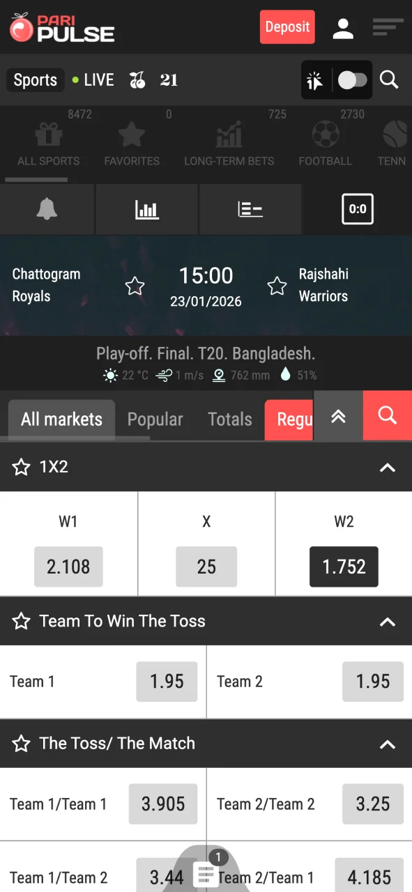 Choose a sports or casino game on PariPulse and place your bet.