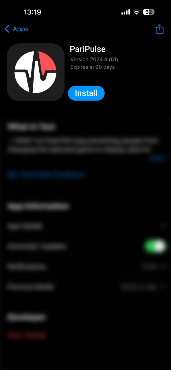 Tap the PariPulse install button in the TestFlight app.